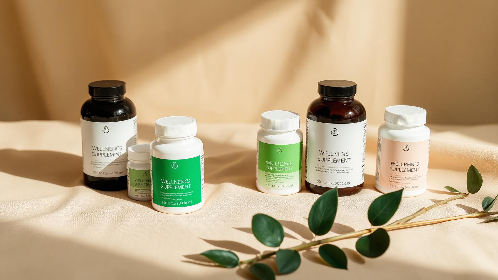 A row of unbranded wellness supplement containers on a linen surface beside green leaves